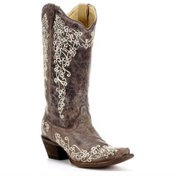 Corral Boots Shoes - Corral Distressed Brown Cowgirl Boots Bone Embroidery 7.5 Western Cowboy Boho